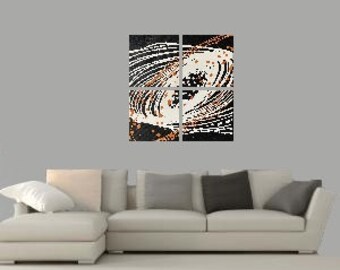 Original Abstract painting / Art / Artwork - &quot;Spiral Chaos&quot; -  - 20 X 20 X 1 - Black / White / Orange