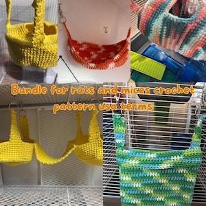 Può includere: Una collezione di articoli all'uncinetto fatti a mano per piccoli animali domestici, tra cui cestini gialli, amache arancioni e bianche e letti sospesi verdi e blu. Il testo "Bundle for rats and mice crochet pattern usa terms" è visibile.