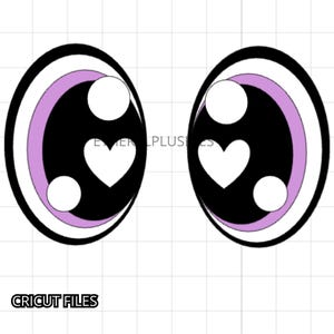 May include: A digital illustration of two cartoon eyes. The eyes are black with a light purple inner ring and white highlights. Each eye has a white heart-shaped pupil. The text "CRICUT FILES" is at the bottom.