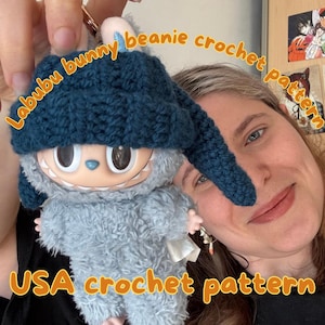 Labubu bunny beanie, crochet pattern  USA terms