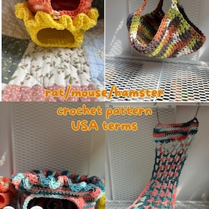 May include: A collection of handmade crochet pet accessories, including a flower-shaped house in orange, white, and yellow, a hanging hammock in earth tones, a small bed, and a long, open-weave hammock in teal and coral. The text "rat/mouse/hamster crochet pattern USA terms" is also visible.