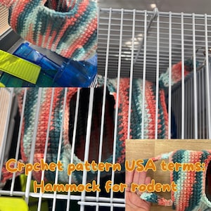 May include: A handmade crochet hammock for rodents, featuring a striped pattern in shades of coral, teal, and cream. The hammock is designed to hang inside a cage, providing a cozy resting spot for small pets.