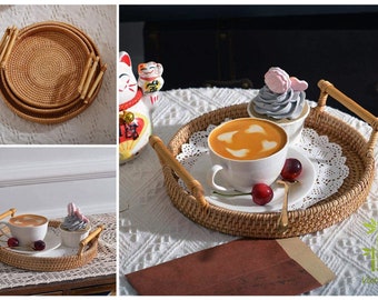 Wicker Rattan Tray, Round Handmade Rattan Basket,  Natural Decorative Tray, Wicker Straw Rattan, Rustic Tray, Fruit Tray