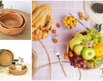 Natural Vintage Handmade Rattan Basket, Cake and Bread Baskets, Decorative Basket, Vegetable Fruit Basket, Wavy Basket,Woven Cosmetic Basket