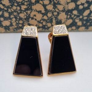 NOS Gold jewelry earrings for women, vintage black clip on earrings, 80s vintage art deco sparkly earrings, women&#39;s geometric earrings.