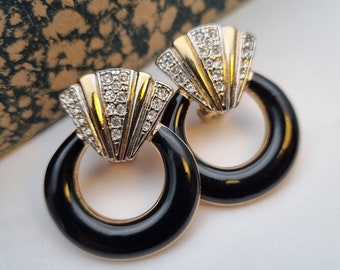 NOS Goldschmuck-Ohrringe für Frauen, schwarze Vintage-Ohrclips, glitzernde 80er-Jahre-Vintage-Art-Deco-Ohrringe, geometrische Damenohrringe.