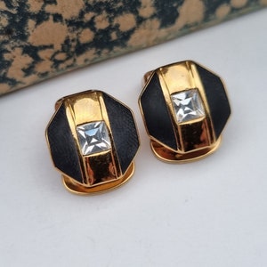 NOS Gold jewelry earrings for women, vintage black clip on earrings, 80s vintage art deco sparkly earrings, women&#39;s geometric earrings.