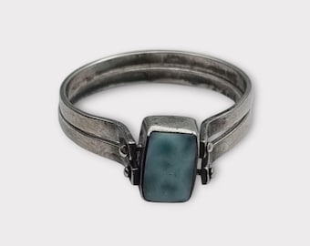 Bague Ethnique Vintage En Argent 925 Et Pierre Bleue Obsidienne - Taille 52, Années 70