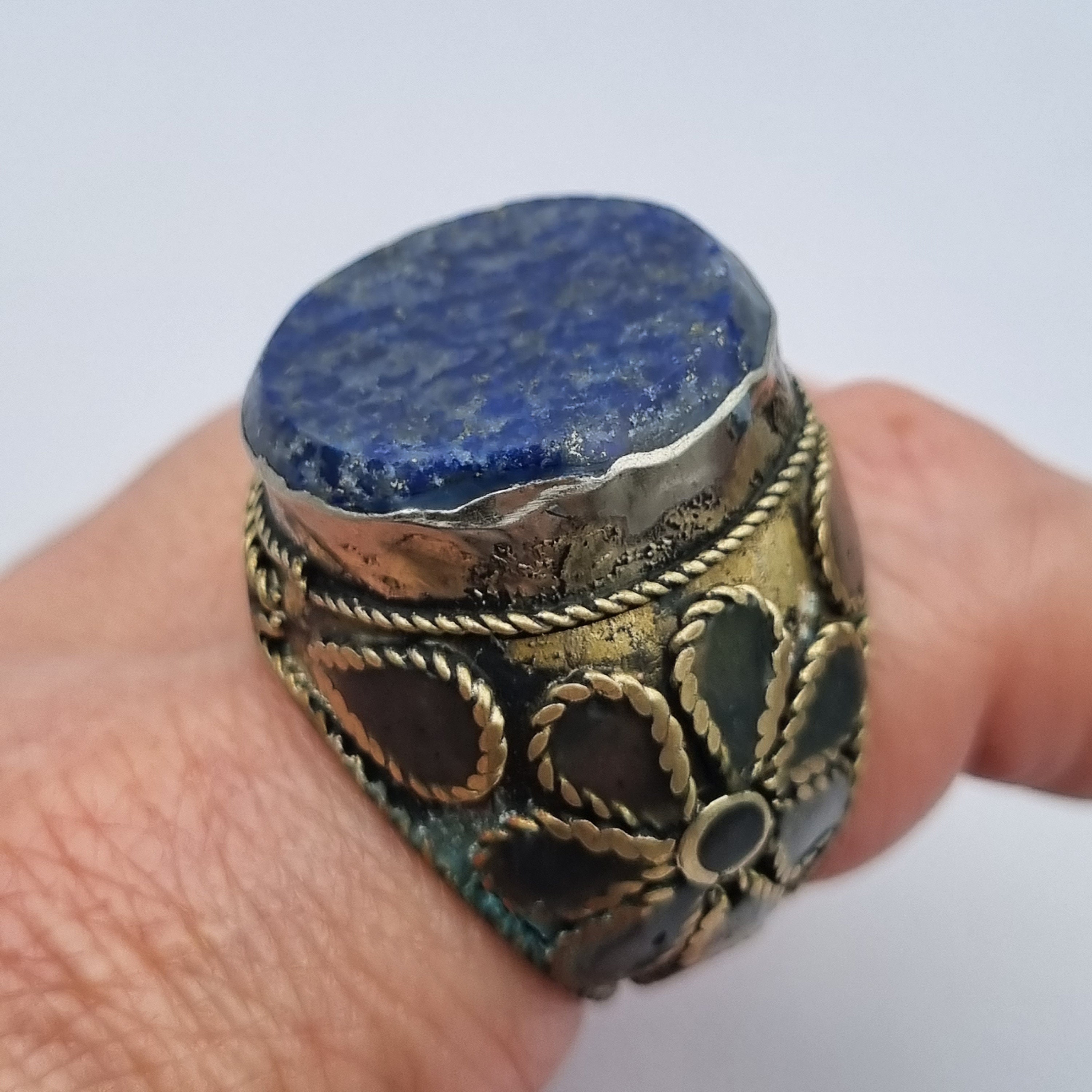 Bague Ethnique Argent 925 Et Pierre Bleue Vintage - Taille 52 - Occasion