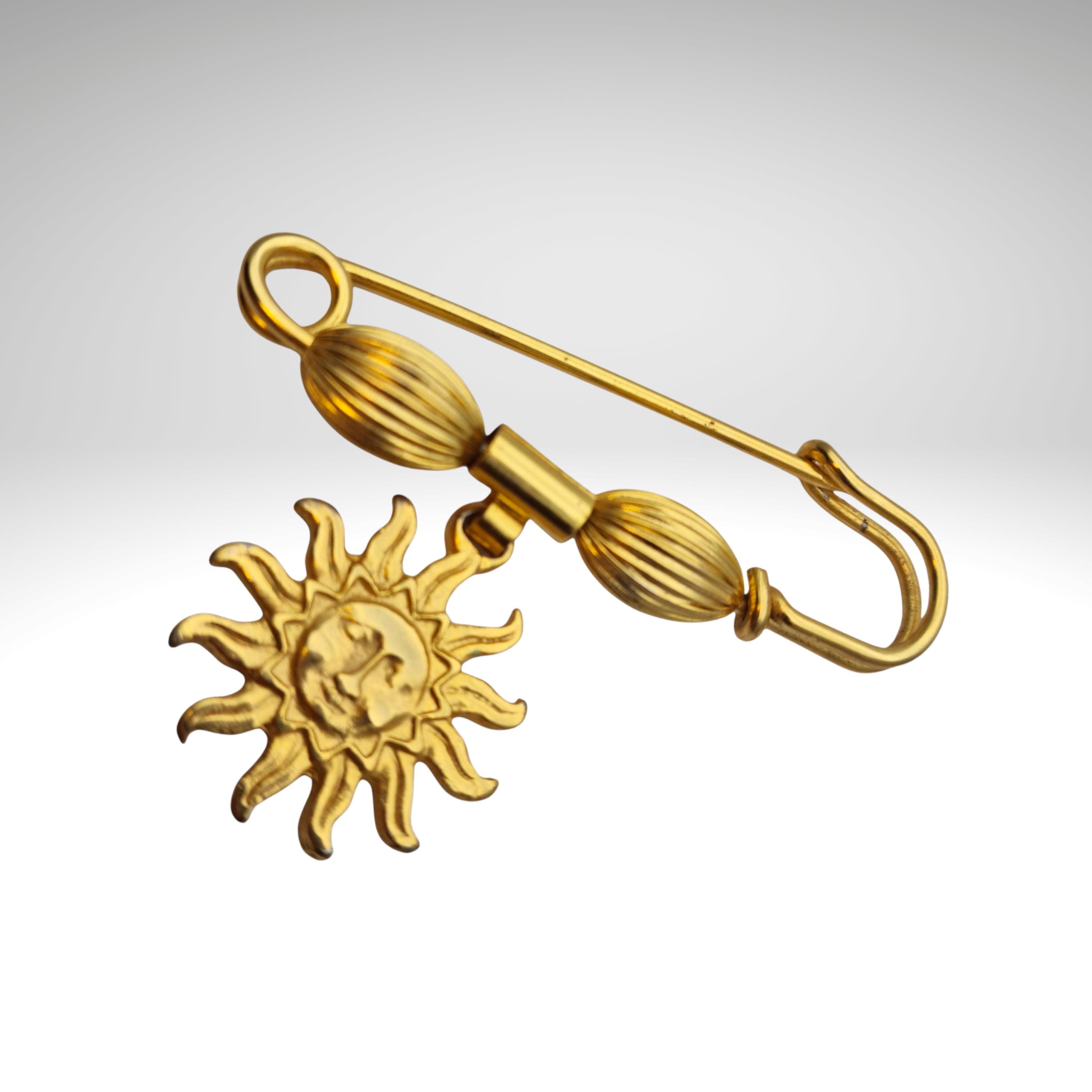 Sun Face Pin Vintage Gold-plated Brooch and Safety Pin With a Sun Face Pendant, a ...