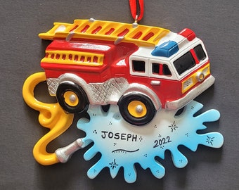 Personalized Fire Truck Christmas Ornament, Fireman, Firefighter, Toy Truck, gift for kids, Toddler, friends, hand personalized, 2024