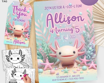 Pink Axolotl Birthday Invitation: Editable Canva Template (Digital Download)
