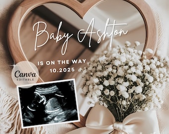 Anuncio de embarazo con espejo de corazón floral: Boho neutro (digital)