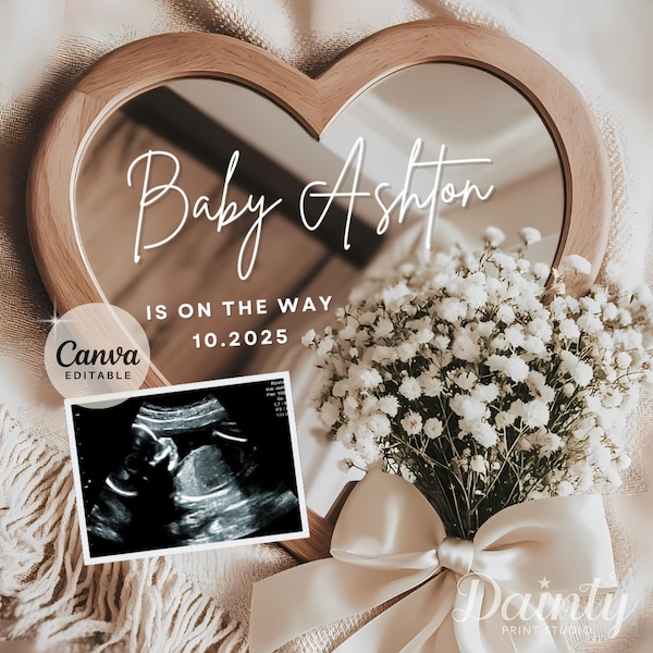Floral Heart Mirror Pregnancy Announcement: Neutral Boho (Digital)