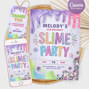 Bewerkbare verjaardagsuitnodiging slijmfeestje, slijmuitnodiging voor meisje, slijmfeestsjabloon, slijmbedankje, slijmroze en paars