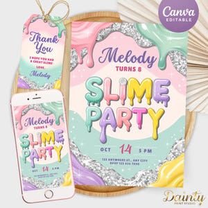 Editable Slime Birthday Invitation for Girls Pink Purple Yellow Slime Party Invite Template Thank You Tag Kids Slime Party Printable