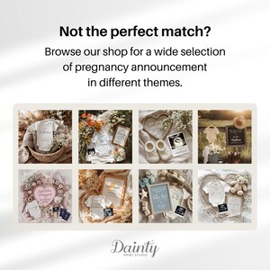 May include: A collage of pregnancy announcement ideas. The image features baby onesies, framed ultrasound photos, and decorative elements like flowers and stuffed animals. Text reads "Not the perfect match? Browse our shop for a wide selection of pregnancy announcement in different themes."