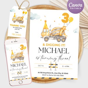 Faire-part d'anniversaire de construction, faire-part de construction modifiable, invitation à une fête de camion, faire-part de construction moderne, 3 et creuser