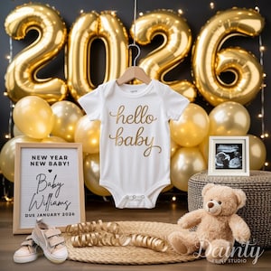 Digital New Years Pregnancy Announcement, Balloon Magical 2026 Baby Announcement, January Social Media Reveal with Ultrasound