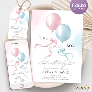Gender Reveal Einladung Vorlage Luftballons Gender Reveal Bearbeitbar Einladen Printable Download Digital Gender Reveal Party einladen Evite Karte