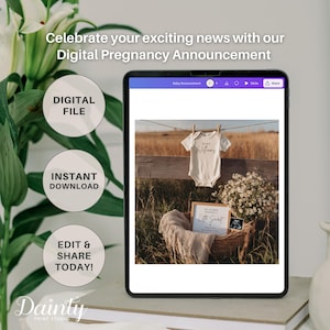May include: A digital pregnancy announcement displayed on a tablet. The announcement includes a baby onesie, a framed sign that says "Little Secret", and a sonogram image. Text on the tablet reads "Celebrate your exciting news with our Digital Pregnancy Announcement".