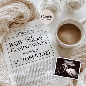 Editable Newspaper Pregnancy Announcement Template (Canva)