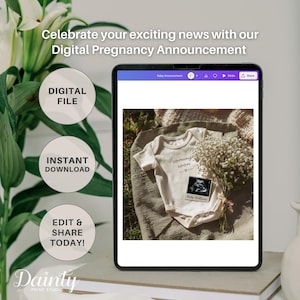 May include: A digital pregnancy announcement displayed on a tablet. The announcement features a baby onesie with the words "coming soon" and a sonogram image. Text on the screen reads "Celebrate your exciting news with our Digital Pregnancy Announcement."