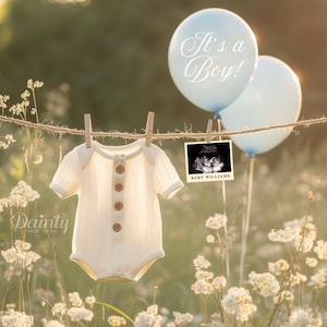 Baby Boy Pregnancy Announcement Digital Editable Template Blue Gender Reveal Social Media Post Boho Balloons Instant Download