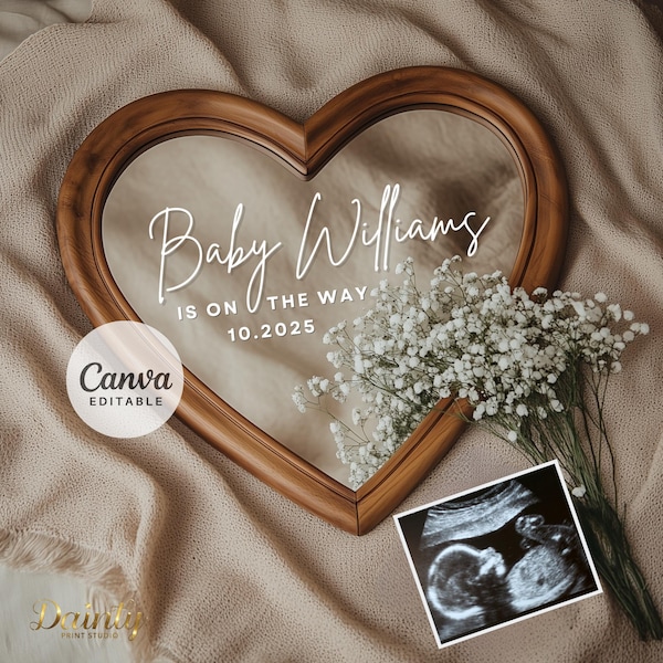 Floral Heart Mirror Pregnancy Announcement: Gender Neutral Spring Design (Digital Download)