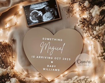 Anuncio digital de embarazo mágico y neutro, anuncio de bebé bohemio minimalista, corazón para redes sociales con luces de ultrasonido.