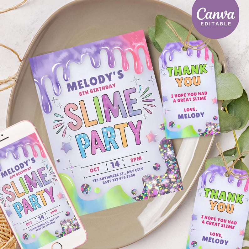 Slime Rant Layout Template Editable Slime Birthday Party Invitation Template With Thank You Tag ...