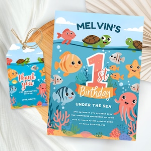 Invitación de cumpleaños editable bajo el mar, primer cumpleaños, temática de animales marinos y peces, invitación de cumpleaños para niño, descarga instantánea BU1