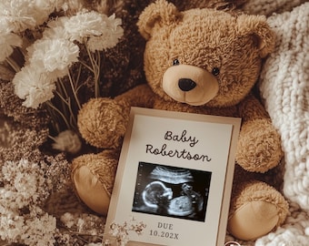 Teddy Bear Pregnancy Announcement: Neutral Boho Baby Reveal (Digital Canva Template)