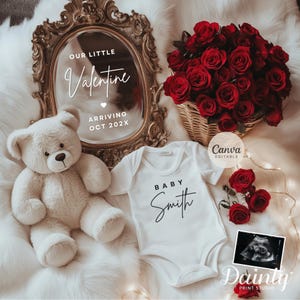Valentines Pregnancy Announcement, Cute Mirror Neutral Baby Announcement Digital, Modern Neutral Baby Reveal Template, Floral Rose