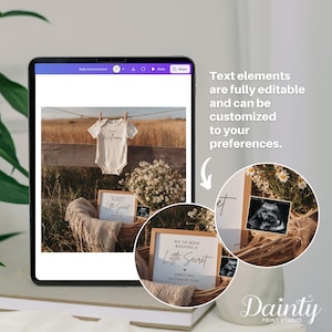 May include: A digital baby announcement design displayed on a tablet. The announcement includes a baby onesie, framed signs with text, and an ultrasound image. The text reads "Baby Williams" and "We've been keeping a little secret arriving October 202X."