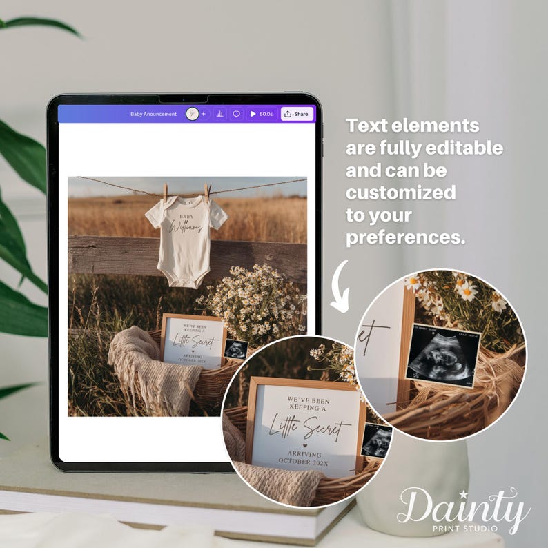 May include: A digital baby announcement design displayed on a tablet. The announcement includes a baby onesie, framed signs with text, and an ultrasound image. The text reads "Baby Williams" and "We've been keeping a little secret arriving October 202X."