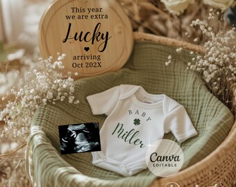 St. Patrick's Pregnancy Announcement, Lucky Charm Digital Baby Reveal Editable Social Media Template, March Spring Baby, Boho Baby Reveal