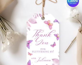 Butterfly Birthday Favor Tags: Pink & Gold, Editable Template (Digital Download)
