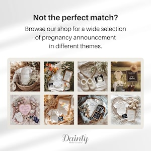 May include: A collage of pregnancy announcement ideas. The image features baby onesies, ultrasound photos, and decorative elements like flowers and teddy bears. Text at the top reads "Not the perfect match?" and "Browse our shop for a wide selection of pregnancy announcement in different themes."
