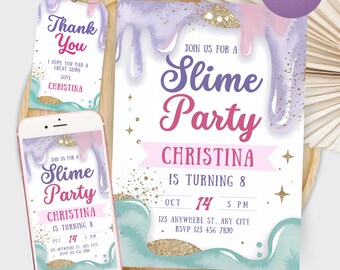 Op de afbeelding: Paarse, roze en turquoise slime-party uitnodiging met gouden glitteraccenten. De uitnodiging zegt "Join us for a Slime Party" en bevat de naam Christina, leeftijd 8, datum, tijd en locatie.