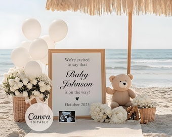 Spring Beach Pregnancy Announcement: Gender Neutral Teddy Bear Reveal (Digital)