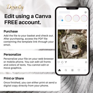 May include: A smartphone displays a baby announcement template. The screen shows a beige onesie with "coming soon" text and a sonogram. The image is part of a Canva template, with instructions on how to purchase, personalize, and print or share the design.