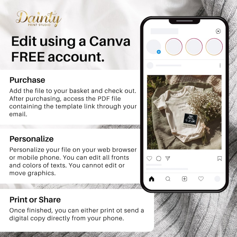 May include: A smartphone displays a baby announcement template. The screen shows a beige onesie with "coming soon" text and a sonogram. The image is part of a Canva template, with instructions on how to purchase, personalize, and print or share the design.