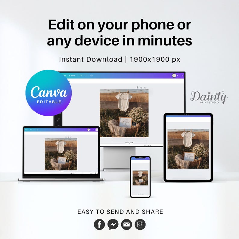 May include: A digital design displayed on multiple devices, including a laptop, desktop, tablet, and phone. The design features a baby onesie hanging on a clothesline, a basket, and flowers. The text reads "Edit on your phone or any device in minutes."