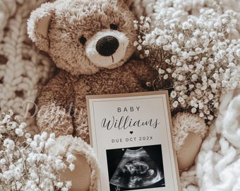 Neutral Minimalist Teddy Bear Pregnancy Announcement Digital Baby Reveal Editable Canva Template Cozy Baby Announcement Social Media