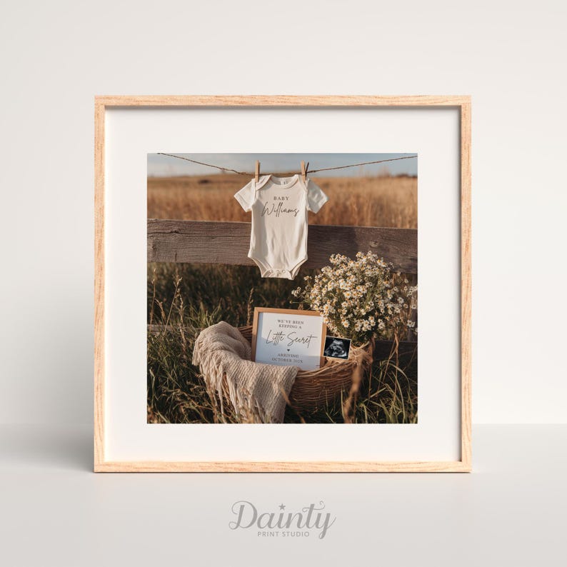 May include: A framed print with a baby announcement theme. A white onesie with the name "Williams" hangs above a basket with a blanket, flowers, and a sign that reads "Little Secret". An ultrasound image is also visible.