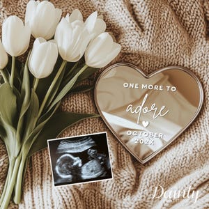 One More To Adore Digital Pregnancy Announcement Template Neutral Baby Reveal Minimalist Social Media Post Tulip Flatlay Aesthetic