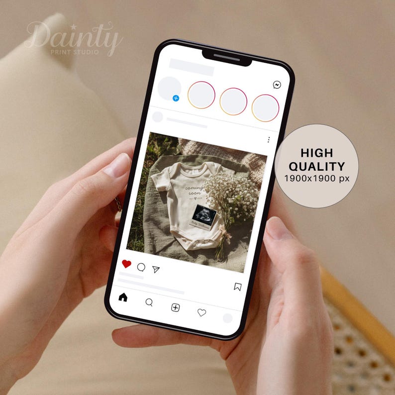 May include: A smartphone displays a pregnancy announcement on a social media app. The image shows a baby onesie with the text "coming soon" and an ultrasound photo, along with a bouquet of white flowers.