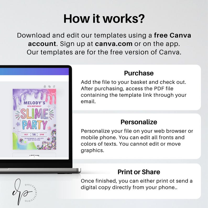 May include: A computer screen showing a Canva template for a slime party invitation. The template features a colorful design with dripping slime, glitter, and stars. The text on the invitation reads "Melody's 6th Birthday Slime Party". The text on the screen explains how to purchase, personalize, and print or share the template.