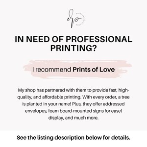 May include: A white background with pink text that reads "IN NEED OF PROFESSIONAL PRINTING? I recommend Prints of Love". The text is in a handwritten font. Below the text is a paragraph of text that explains that the shop has partnered with Prints of Love to provide fast, high-quality, and affordable printing. The text also mentions that a tree is planted for every order and that Prints of Love offers addressed envelopes, foam board-mounted signs for easel display, and much more.